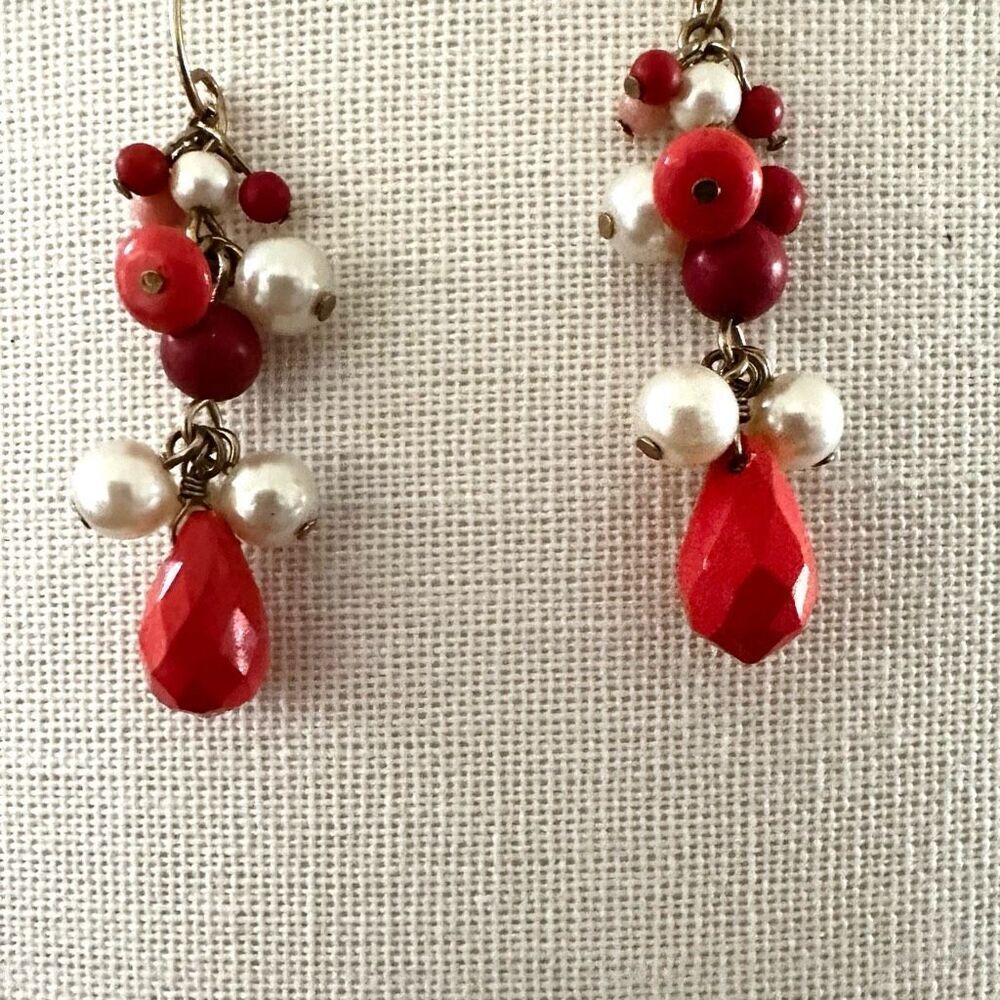 Orange and faux pearl beaded drop earrings